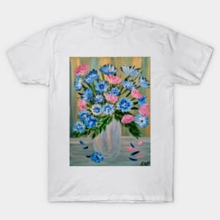 vibrant pink and blue bouquet of flowers in a silver and gold vase T-Shirt